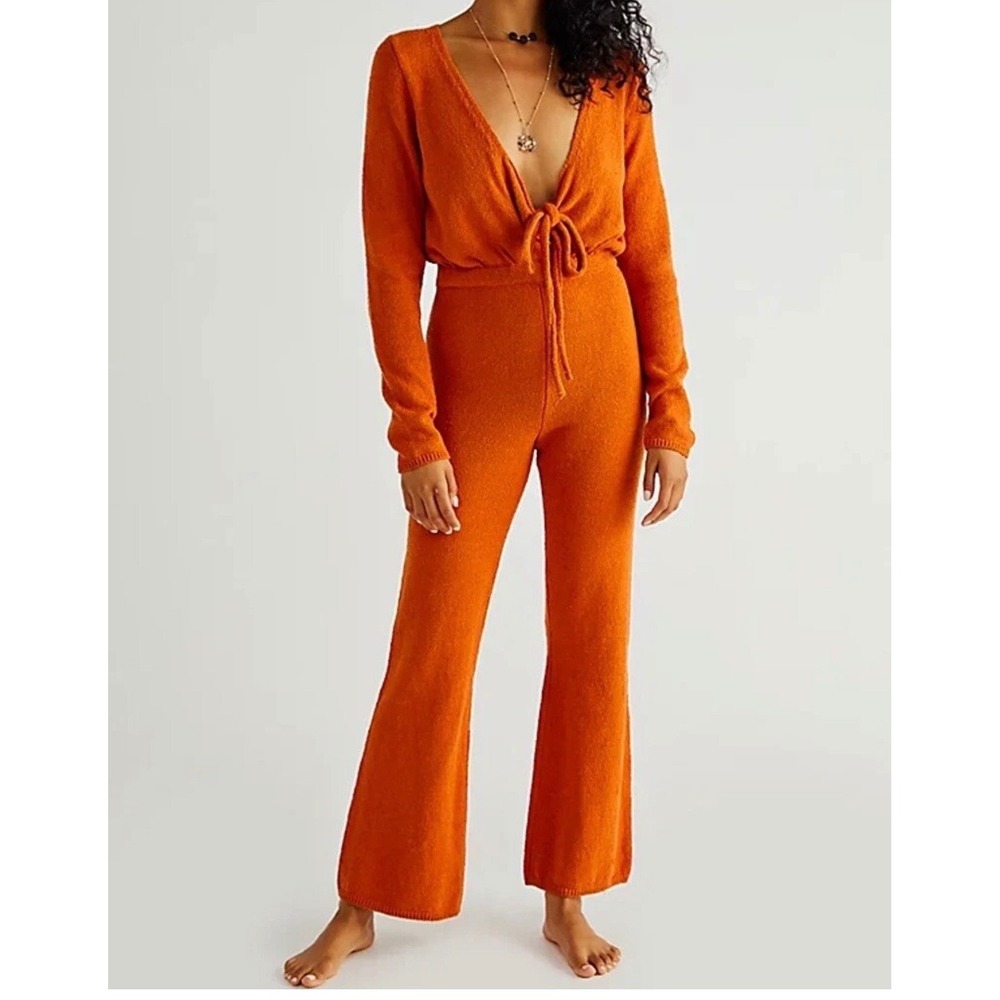 Free People Beach Cozy Up Knit Lindsay Wrap Jumpsuit Flare Leg Womens XS Orange